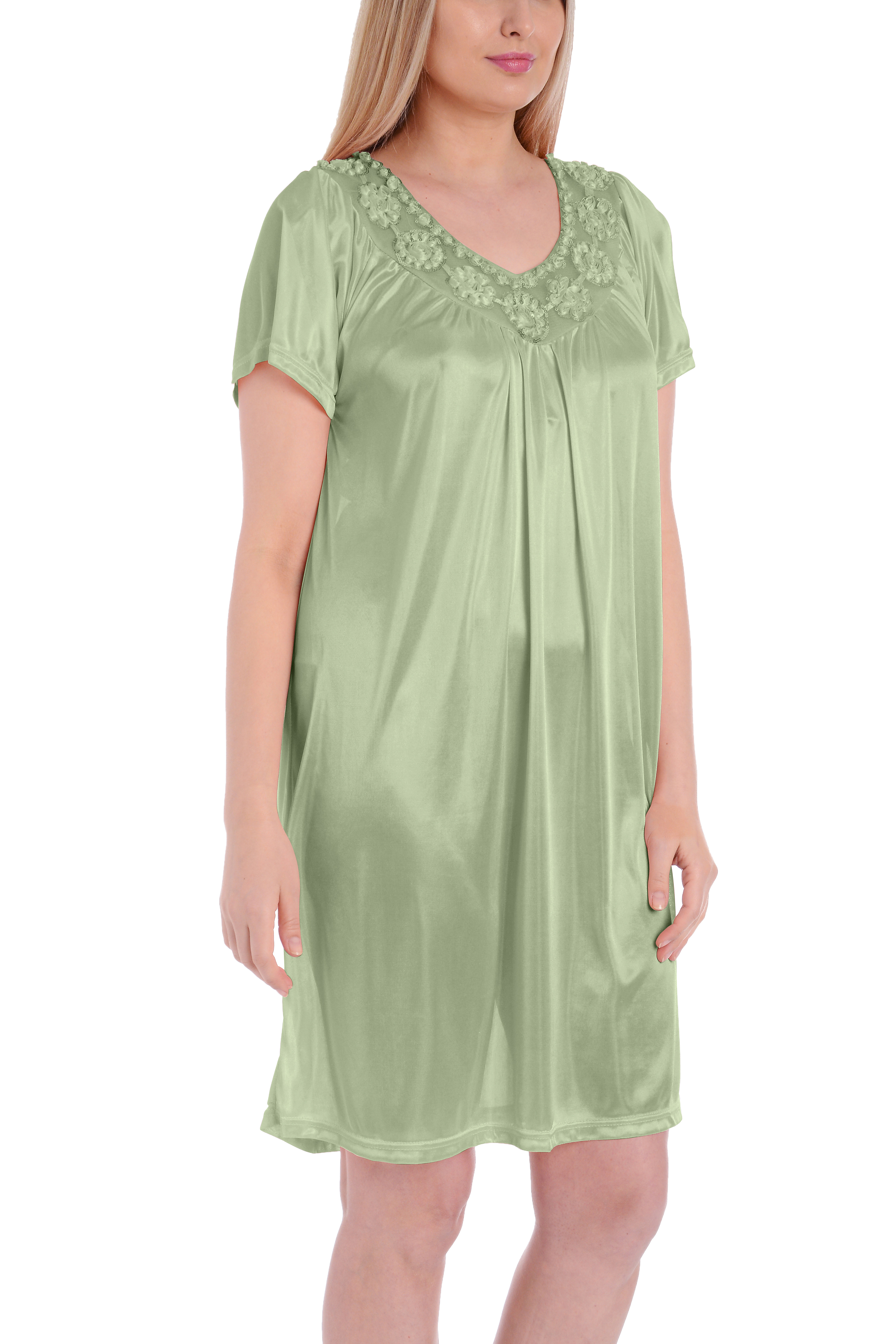 Details about   Women's Satin Silk Short Sleeve Fine Sequin Nightgown by EZI